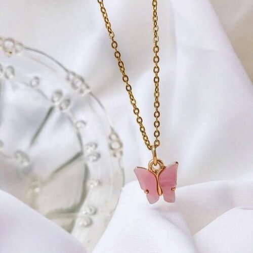 Golden Chain Necklace- Light Pink Butterfly