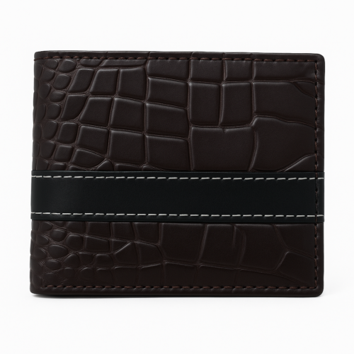 Croc Leather Wallet- Black with black stripe