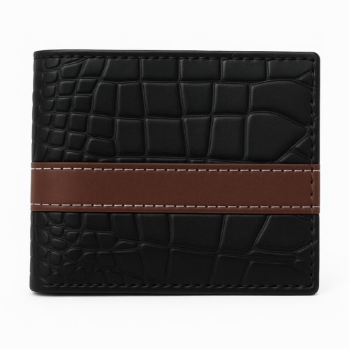 Croc Leather Wallet- Black with brown stripe